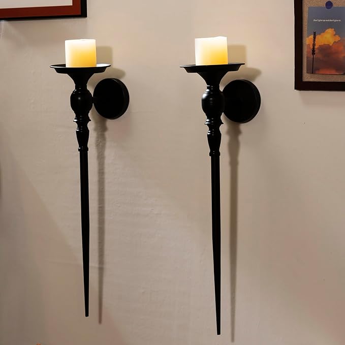 Wall Sconce Candle Holder Set of 2, Large Black Scepter Design Metal Wall Candle Holder, Home Wall Decoration for Living Room, Bathroom, Dining Room
