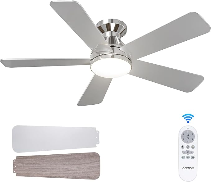 addlon Ceiling Fans with Lights, 42 Inch Low Profile Ceiling Fan with Light And Remote Control, Flush Mount, Reversible, 3CCT, Dimmable, Quiet, Nickel Small Ceiling Fan for Bedroom Indoor/Outdoor Use