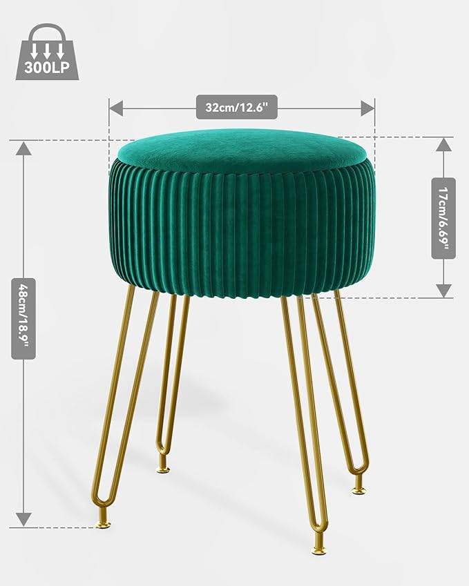 IBUYKE Velvet Storage Footrest Stool Ottoman, Makeup Vanity Stool Side Table with Golden Steel Legs Removable Cover, Coffee Table Top Cover, Green LG-20L