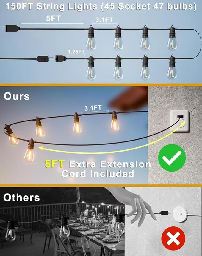 150FT LED Outdoor String Lights With 45 Edison Shatterproof IP65 Waterproof Bulbs, 2700K Dimmable Commercial Grade Patio Lighting, Heavy Duty Outside Hanging for Garden Porch Deck Decor