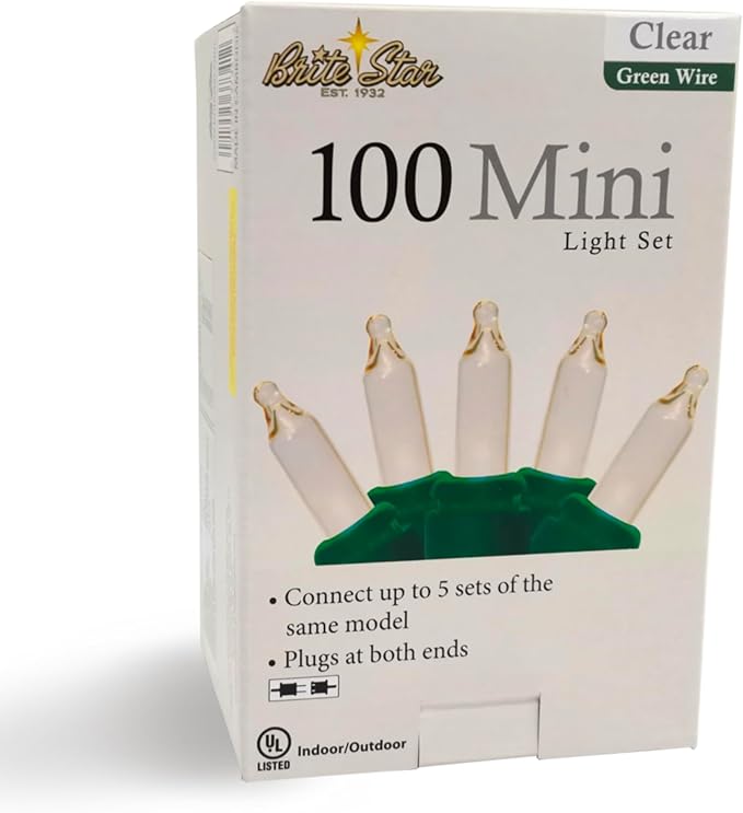 Brite Star 100 Count Mini String Christmas Lights, Clear - 22 feet Indoor/Outdoor Christmas Tree Lights with Green Wire