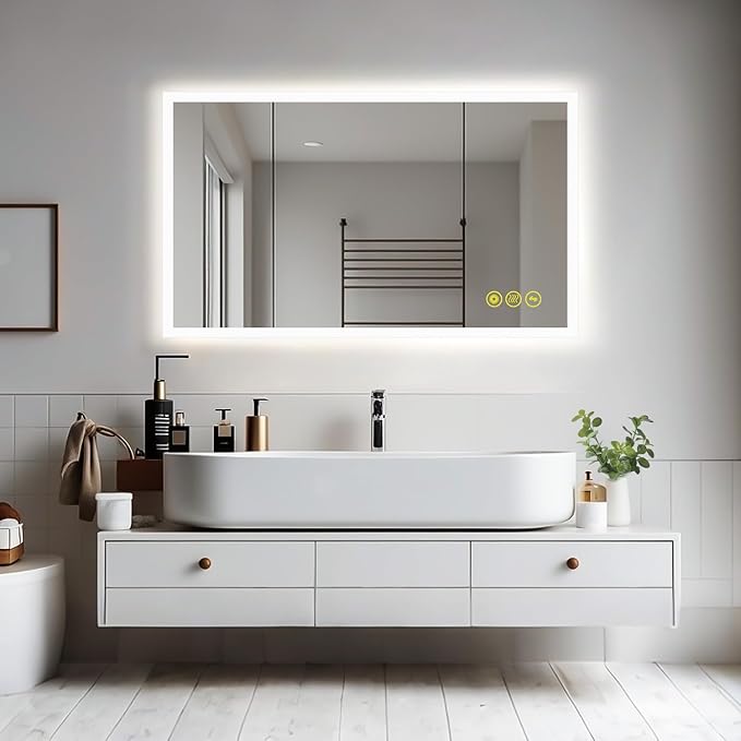 Wall-Mounted LED Square Bathroom Mirror, Makeup Mirror (36 inches x 24 inches,) 3 Color Stepless Dimmable Memory Bathroom Vanity Mirror with Lights CRI90+ 3000-6400K Smart Mirror with Touch