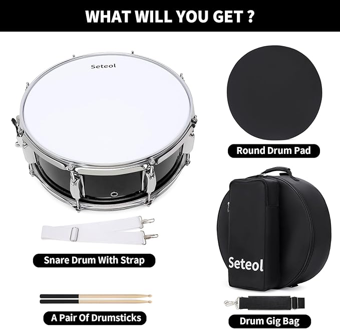 Snare Drum Kit, 14" x 5.5" Marching Snare Drum + Storage Padded Bag + Silent Mute Pad + Pair Of 5A Drumsticks + Drums Key, Portable Drums Hardware Set for Adults Kids Student Beginners (Black)