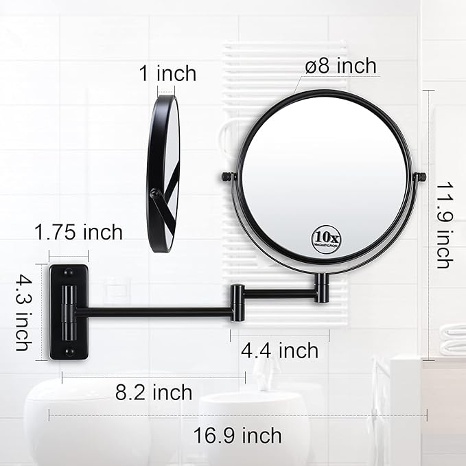 Wall Mounted Magnifying Makeup Mirror with 1X 10X Magnification and Extendable Arm, 8 Inch Double Sided Vanity Mirror for Bathroom, Wall Mirror for Teen Girls, Women, Matte Black