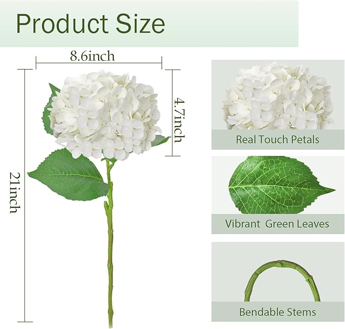 Real Touch White Hydrangea Artificial Flowers with Stems, Fake Silk Flowers for Outdoors, 3 Pcs Artificial Flowers for Home Decor Wedding Bouquets Centerpieces Vase