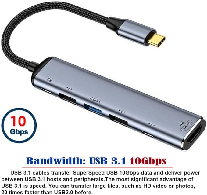 NFHK USB-C Type C to HDMI 4K Dual USB 3.0 HUB Converter HDTV Multiport Adapter 60hz with Female 100W PD Power Port