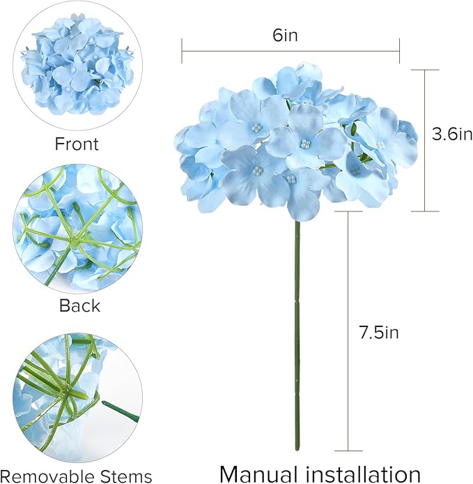 Auihiay 64pcs Silk Hydrangea Artificial Flowers, Artificial Hydrangea Flowers with Stems, Full Hydrangea Flowers for Wedding Centerpieces, Home, Garden, Party Decoration (Blue)