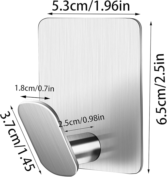 DELITON Sticky Hooks for Hanging Adhesive, Silver Wall Hooks for Bathroom Kitchen Office Stainless Steel Heavy Duty No Damage, Brushed Nickel, 6 Pack