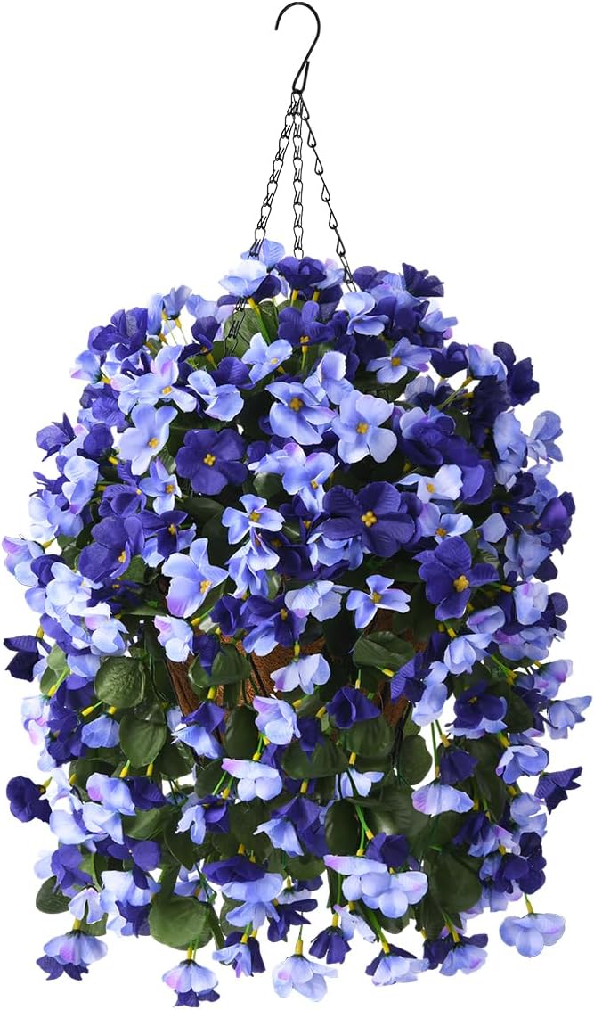 INQCMY Artificial Hanging Flowers Basket for Outdoors Spring Summer Decoration,Faux Silk Begonia in Planter Look Real UV Resistant for Outside Home Porch Patio Garden Balcony Yard Decor（Deep Blue）