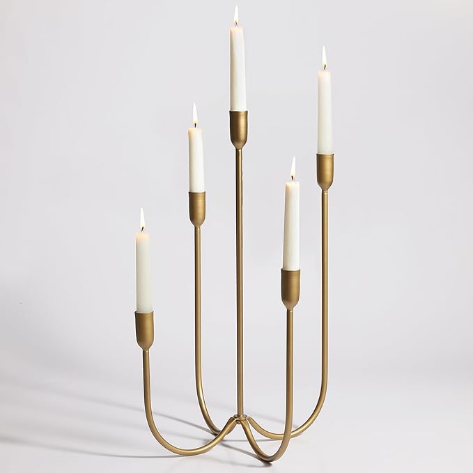 Perfnique 5-Candle Iron Candelabra, 17 Inch Antique Brass Gold Candle Holder, Hand-Forged Cast Gold Candle Holder for Wedding, Event, Christmas & Dining, Table Centerpiece Décor