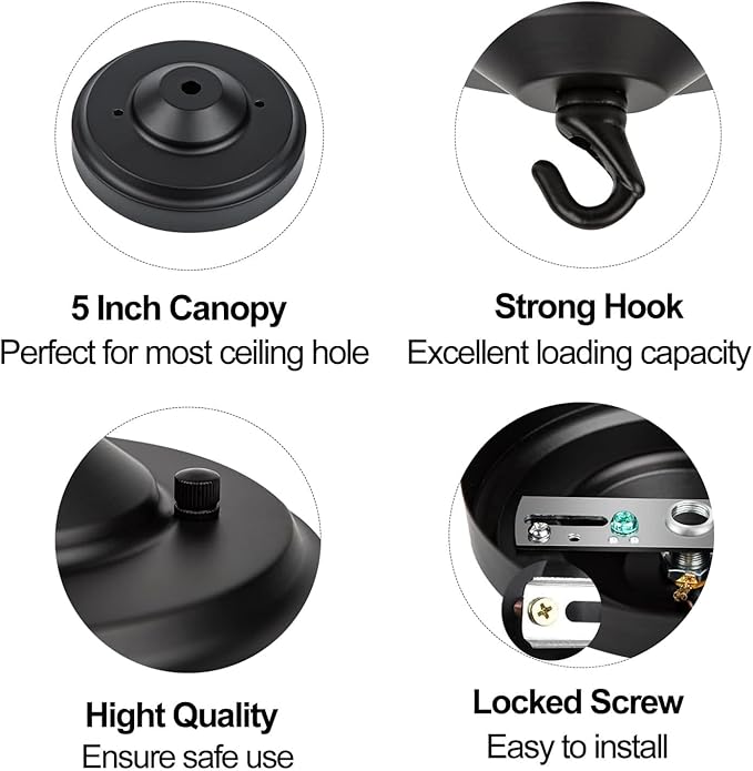 Light Canopy Kit, 5IN Chandelier Kit with Hook, Matte Black Ceiling Metal Canopy for Pendant Light, Grow Light, Plant, Max Load 33LBS