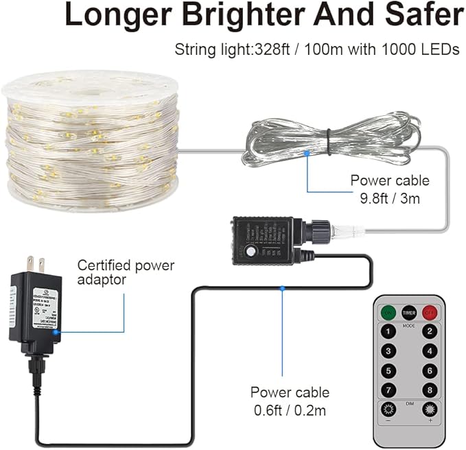 Ultra Long LED String Lights - 328ft 1000LEDs 8 Modes Dimmable Fairy Lights, Waterproof UL Listed Plug Copper Wire with Clear Casing and Remote Control for Room, Patio, Wedding, Party (Upgraded)