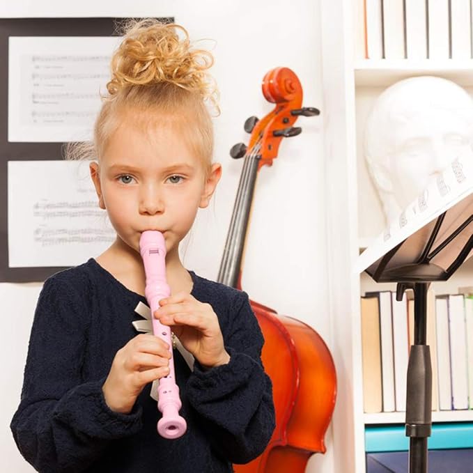 Soprano Recorder Instrument for Kids Beginners Student German Fingering C Key Recorder Instrument 3 Piece with Cleaning Rod and Bag Fingering Chart（Pink）