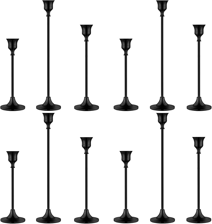 12PCS Black Candlestick Holders Taper Metal Candle Holder for Vintage Candlestick Black Candelabra Candle Holder Thanksgiving Day Christmas Dinning Fireplace Home Decor.