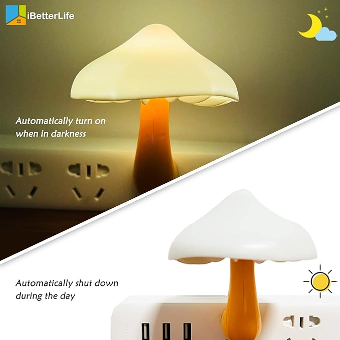 iBetterLife Sensor LED Mushroom Night Light Plug-in Wall Dream Bed Room Nightlight for Adults Kids Cute Mushroom Lamp Cottagecore Decor for Bedroom, Bathroom, Stairs, Hallway Corridor, Warm White