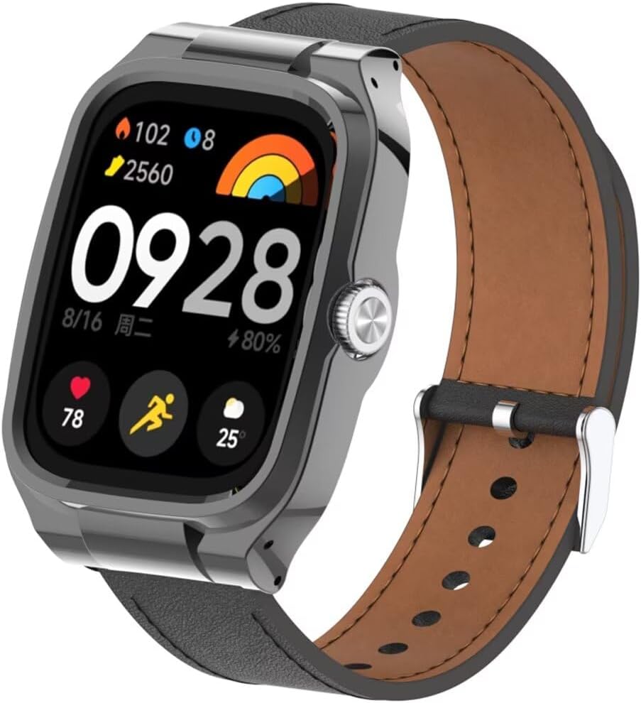 Leather Replacement Bracelet Strap for Xiaomi Redmi Watch 4, Compatible Watchband Accessories with Metal Frame