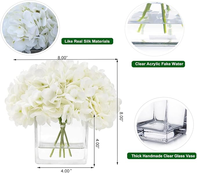 Silk Hydrangea Artificial Flowers in Vase with Faux Water, Silk Flower Arrangements in Vase for Wedding, Dining Table, Living Room (Cream White)