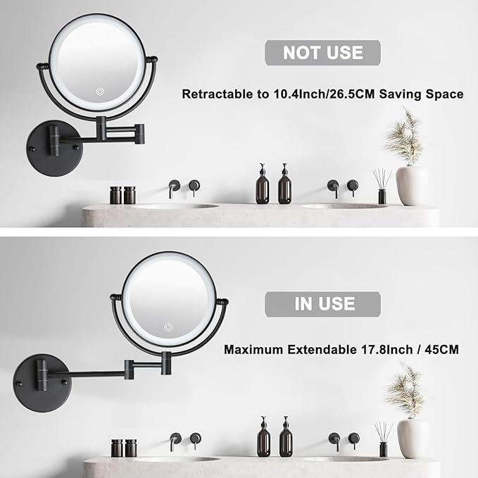 Wall Mounted Makeup Mirror with Lights and 10X Magnification, 8" Rechargeable Double Sided Touch Dimmable Foldable Extended Arm 360 Rotation for Bathroom, Matt Black