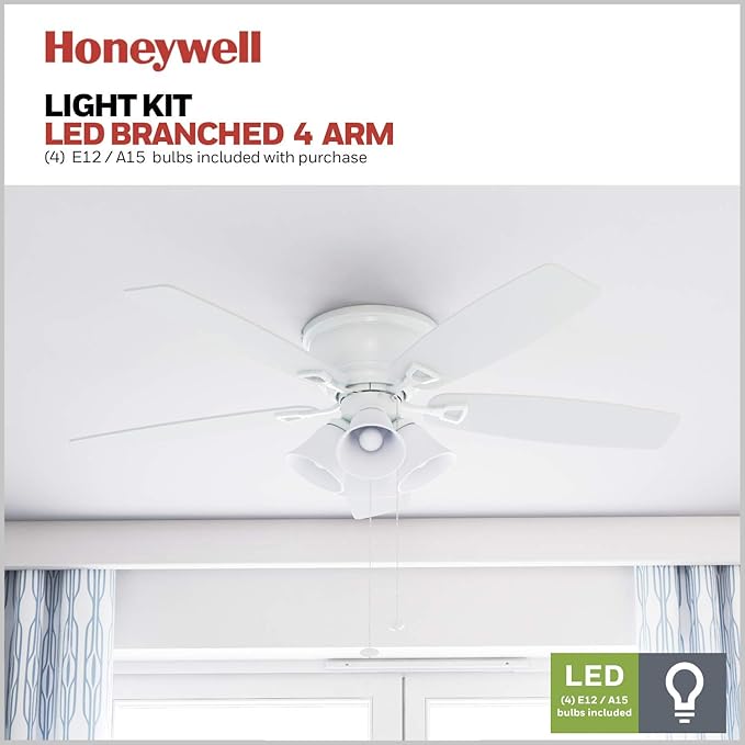 Honeywell Ceiling Fans Glen Alden, 52 Inch Classic Flush Mount Indoor LED Ceiling Fan with Light, Pull Chain, Quick-2-Hang Dual Finish Blades, Reversible Motor - 50520-01 (White)