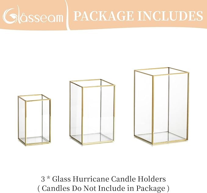 Glasseam Glass Hurricane Candle Holder: Set of 3 Gold Square Candle Holders for Pillar Candles Large for Table Centerpiece Wedding Christmas Decorative