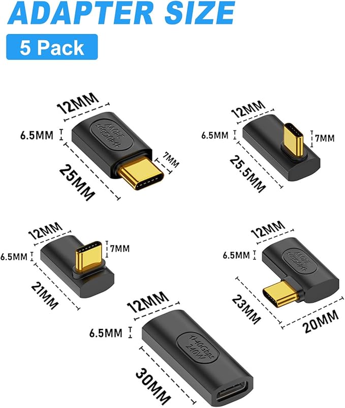Poyiccot USB C Right Angle Adapter, 90 Degree USB C Adapter 240W PD, 40Gbps, 8K@60Hz Right Angle Type C to Type C Extension Connector for Thunderbolt 4, Steam Deck, Laptop, Smart Phone, 5-Pack