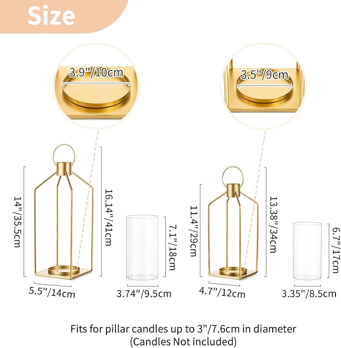 NUPTIO Gold Lanterns Decorative Indoor: Set of 2 Hanging Metal Pillar Candle Lantern with Bottomless Hurricane Glass for Wedding Home Front Porch Outdoor Fireplace Christmas Table Centerpiece