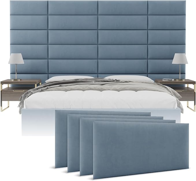Vänt Upholstered Wall Panels - Queen/Full Size Wall Mounted Headboards - Micro Suede Blue - Set of 4 Panels (Each Individual Panel 30"x11.5")