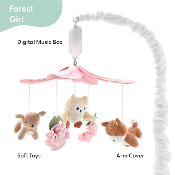 The Peanutshell Crib Mobile for Girls - Pink and White Musical Baby Crib Mobile with 12 Lullabies, Forest Baby Little Forest Nursery Decor