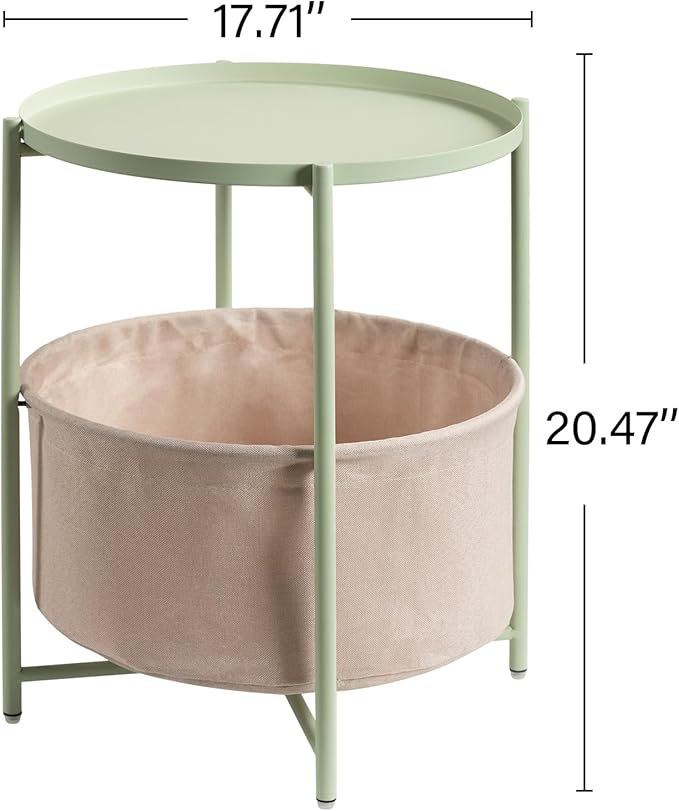 danpinera Round Side Table with Fabric Storage Basket, Metal Side Table Small Bedside Nightstand with Removable Tray Top for Living Room, Bedroom, Nursery, Laundry, Light Green