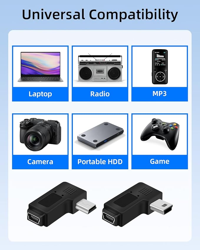90 Degree Left & Right Angle Mini USB Adapter,Mini USB 5 Pin Male to MINI USB Female Adapter for Dashcams,Bluetooth(1Pair)