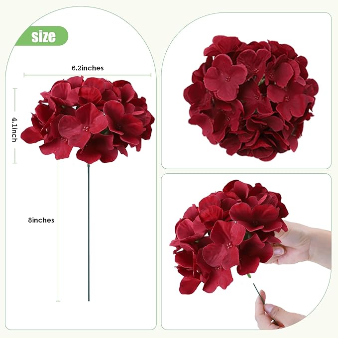 AVIVIHO 65pcs Burgundy Hydrangea Artificial Flowers Bulk (Not Squished, No Steaming Need) Realistic Hydrangeas Silk Flowers with Stems for DIY Project Wedding Party Home Wedding Table Decorations