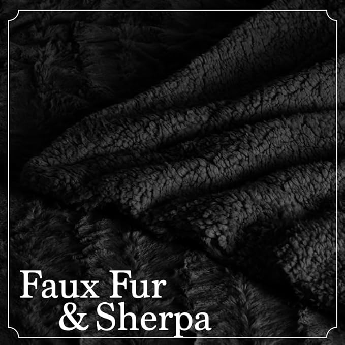The Connecticut Home Co Throw Blanket for Couch, Soft Fluffy Room Decor, Cozy Warm Throws for Bed, Couches, Gifts for Women, Bedroom Cute Aesthetic Blankets Faux Fur and Sherpa,65x50, Black