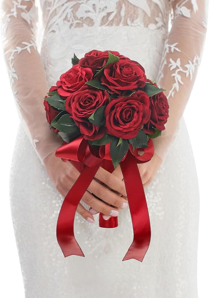 Wedding Bouquet Bride Flower Bridal Bouquets, Ribbon Artificial Rose Wedding Bouquets for Bride Bridesmaid Bouquet Dark Red Rose Bouquet Bride Bridesmaid Holding Flower for Wedding Decor