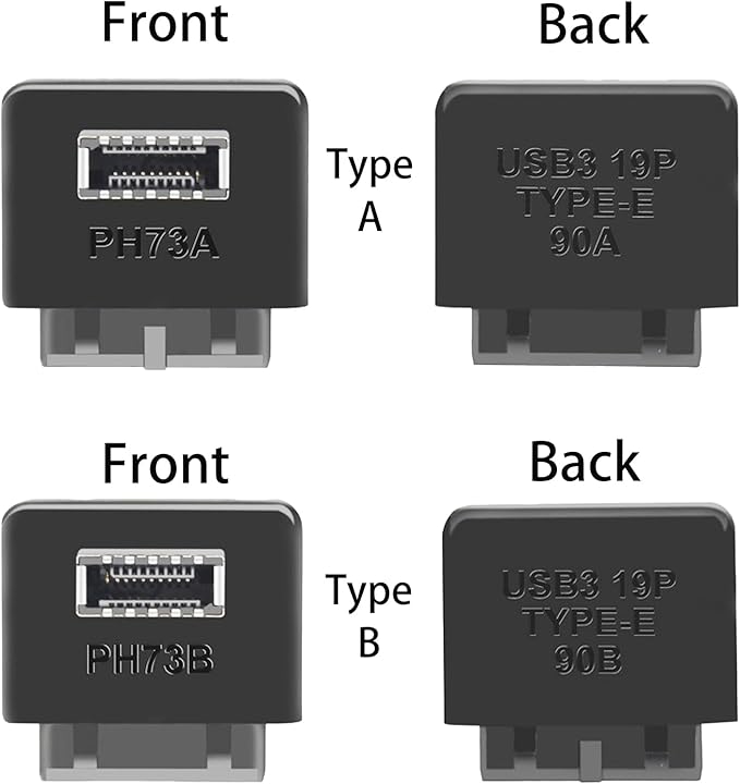 USB 3.0 19/20 Pin to Type E Key A 90-Degree Adapter, Type A and Type B Connectors, Black