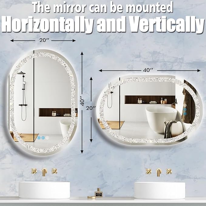 40 x 20 Inch Crystal Oval Vanity Mirror with Lights 3 Color Memory Function Dimmable Antifog 40 Inch Diamond Crystal LED Oval Lighted Mirror for Bathroom Salon Wall Horizontal/Vertical Mount