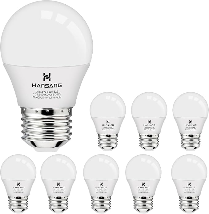 hansang A15 LED E26 Small Light Bulb, Daylight 5000K, 60Watt Equivalent Ceiling Fan Light Bulbs, E26 Standard Base Appliance Light Bulb, 600 Lumen, CRI85+, Eye Protection, 120V, Non-Dimmable 8 Pack