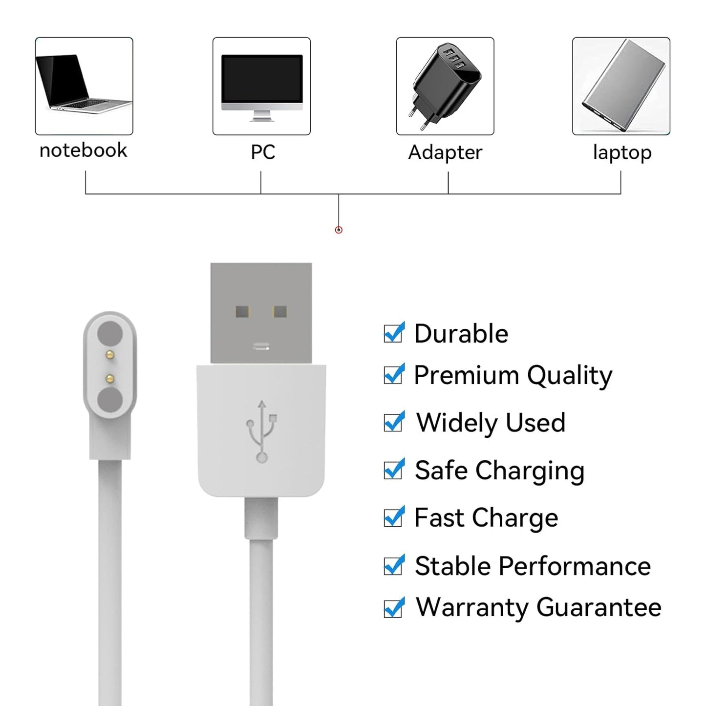 Replacement Charger for SKG V7 Pro / V7 Watch, 1.9ft USB Magnetic Charging Cord (White&White)