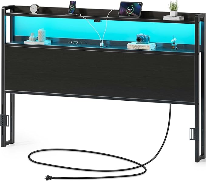 Rolanstar Headboard for King Size Bed with Storage, 60,000 DIY Color of LED Light, Head Board with USB & Type C Port, Height Adjustable, Black Cabeceras de Cama Comfortable Modern, Wood