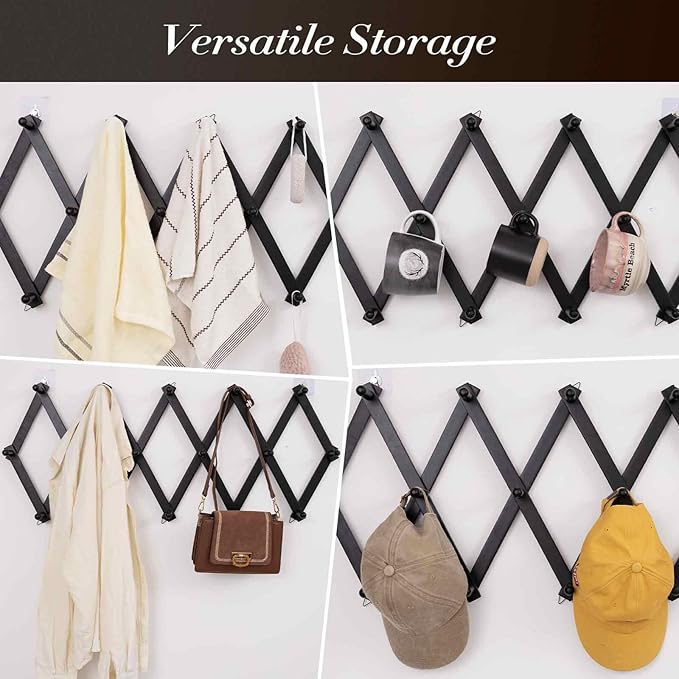 Accordion Wall Hanger with 16 Hooks, Wooden Wall Expandable Coat Rack for Coat, Hats, Baseball Caps, Coffee Mug, Jewelry(Black)