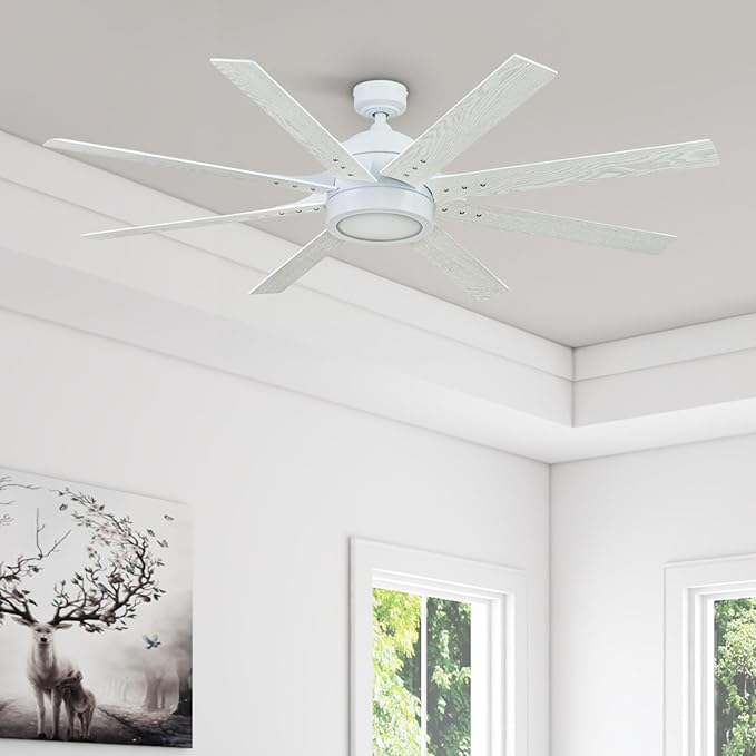 Honeywell Ceiling Fans Xerxes Modern 62 Inch Ceiling Fan with Light, Remote Control Fan, LED Indoor Fan with 8 Blades, White and Gray Wash Blade Finish Options, White (51628-01)