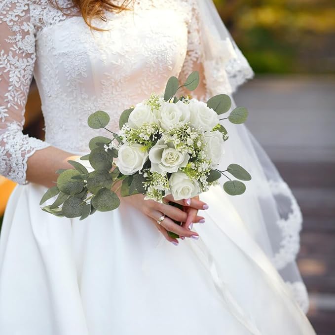 Wedding Rose Bouquet Bridesmaid Flower Bouquets, Artificial Rose White Wedding Bouquets for Bride Bridesmaid Bouquet Faux Bouquet Bride Bridesmaid Holding Flower for Wedding Decor