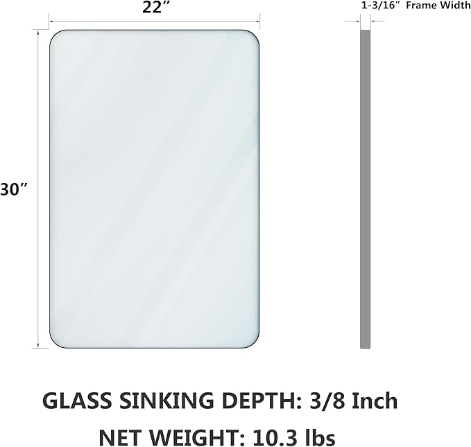 VocalStar 22 x 30 Inch Silver Bathroom Mirror for Wall, Rounded Rectangle Nickel Metal Framed Bathroom Vanity Mirrors, 1/4-inch Shatterproof Glass | Ultra-Flush Hanging