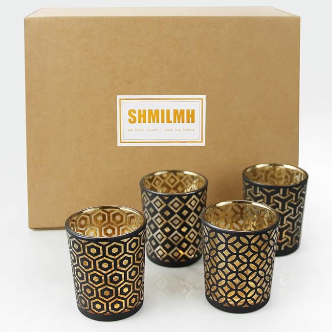 SHMILMH Halloween Votive Candle Holders Set of 12 Black Gold Glass Tealight Candle Holders with 4 Patterns Table Centerpiece for Halloween Party Table Decorations