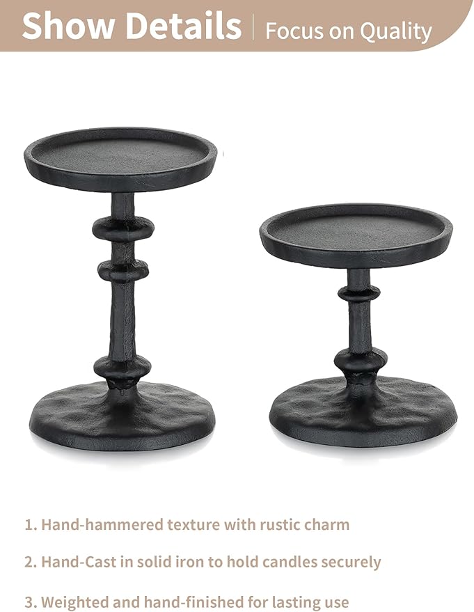 NUPTIO Pillar Candle Holder Black: Solid Cast Iron Candle Stand for 3 Inch Pillars - Vintage Sturdy Metal Candleholder for Halloween Christmas Fireplace Mantle Decor
