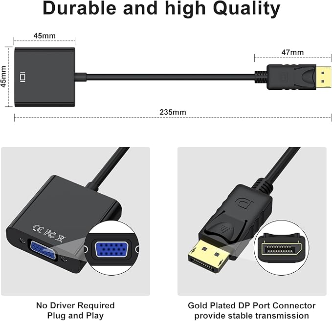 Wanme Displayport (DP) to VGA Adapter, Gold Plated DP Male to VGA Female Converter Compatible with Computer, Desktop, Laptop, PC, Monitor, Projector, HDTV (Black)