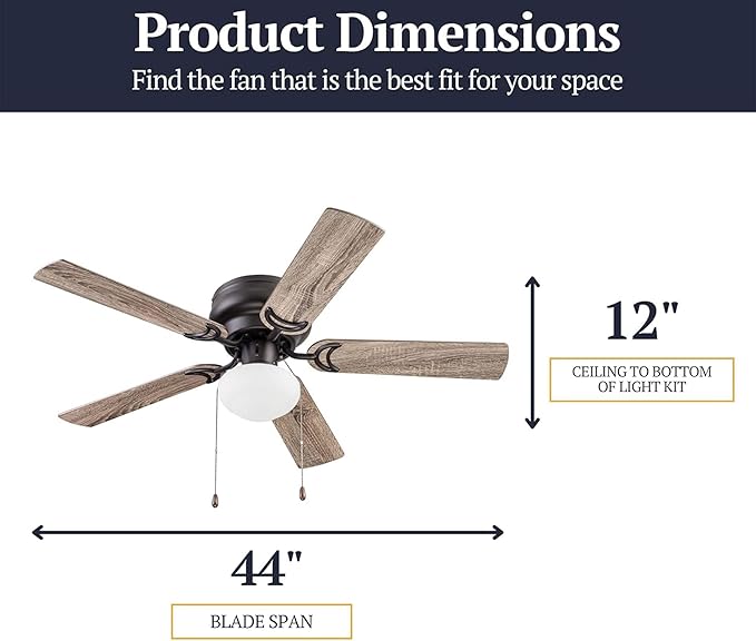 Prominence Home Alvina Traditional 44 Inch Ceiling Fan with Light, LED Flush Mount Ceiling Fan, Indoor Fan with 5 Blades, Gray Pine and Maple Brown Blade Finish Options, Bronze (51584-01)