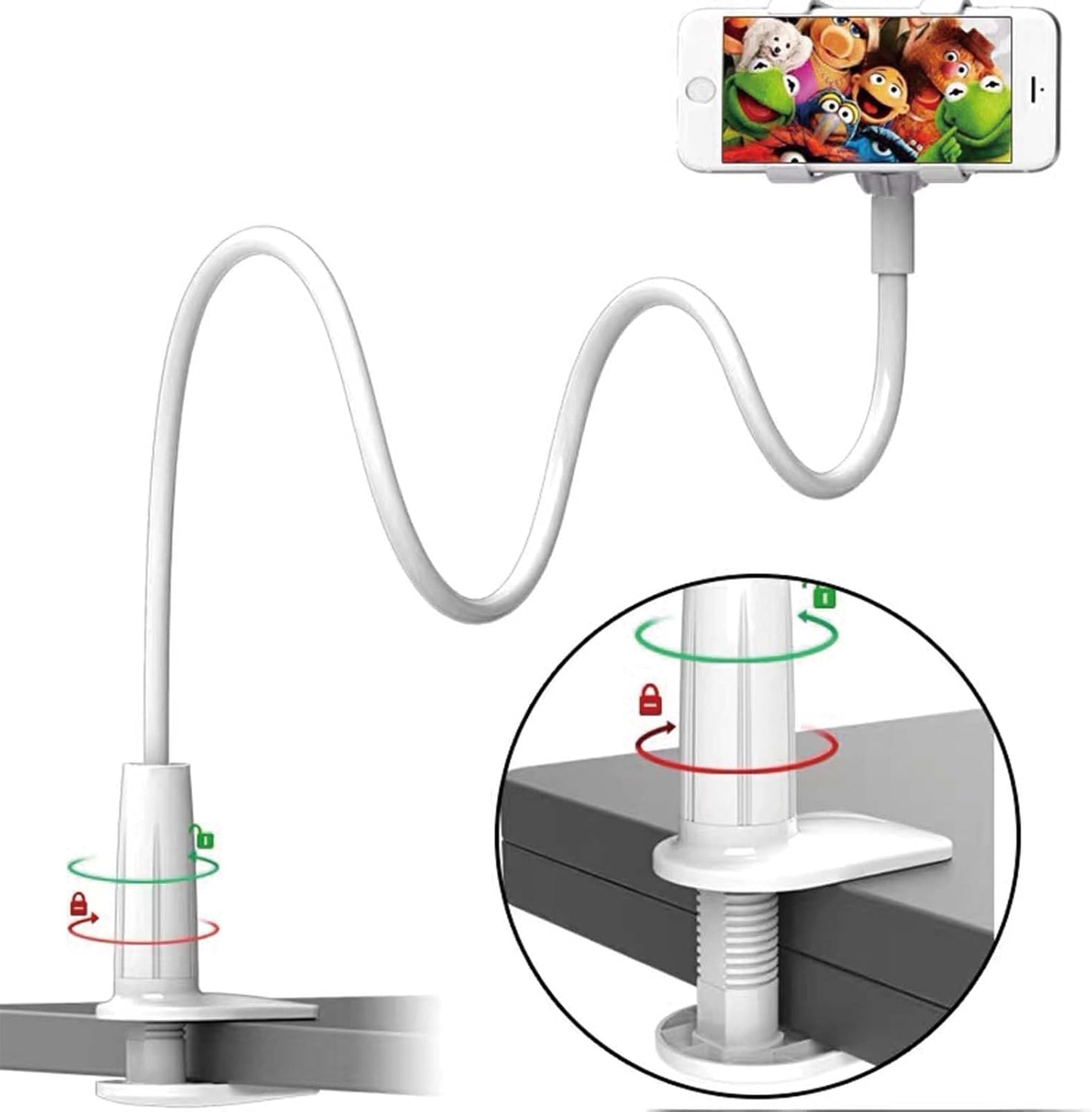 Gooseneck Phone Holder, 360° Rotate Support Rod, One-Hand Adjustable Cell Phone Holder for Desk, Headboard, Nightstand