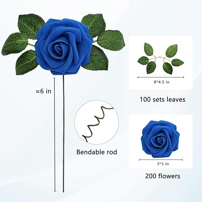 Artificial Flowers Realistic Roses, Real Looking Fake Roses with Stem for DIY Wedding Bouquets Centerpieces Bridal Shower Party Home Romantic Decorations (Royal Blue, Regular 3" - 200pcs)
