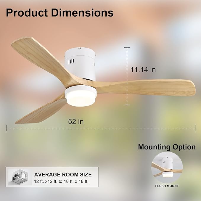 Sofucor 52 Inch Ceiling Fans with Lights, Solid Wood Ceiling Fan with Light Remote Control, Flush Mount Indoor/Outdoor Ceiling Fans, Reversible DC Motor, 3 Blade Ceiling Fan Light for Bedroom Patio