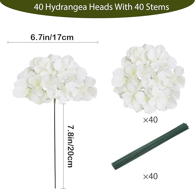 White Hydrangea Artificial Flowers Bulk, 40 Pcs Faux Hydrangea Flowers Heads, Artificial Fake Silk Hydrangea Flowers with Stems, White Flowers Artificial for Decoration Wedding Décor